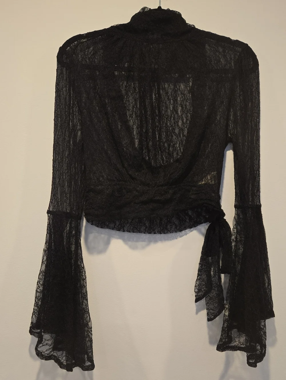 Free People Black Lace Crop Top Bell Sleeve Keyhole Back Whimsigoth Boho XS